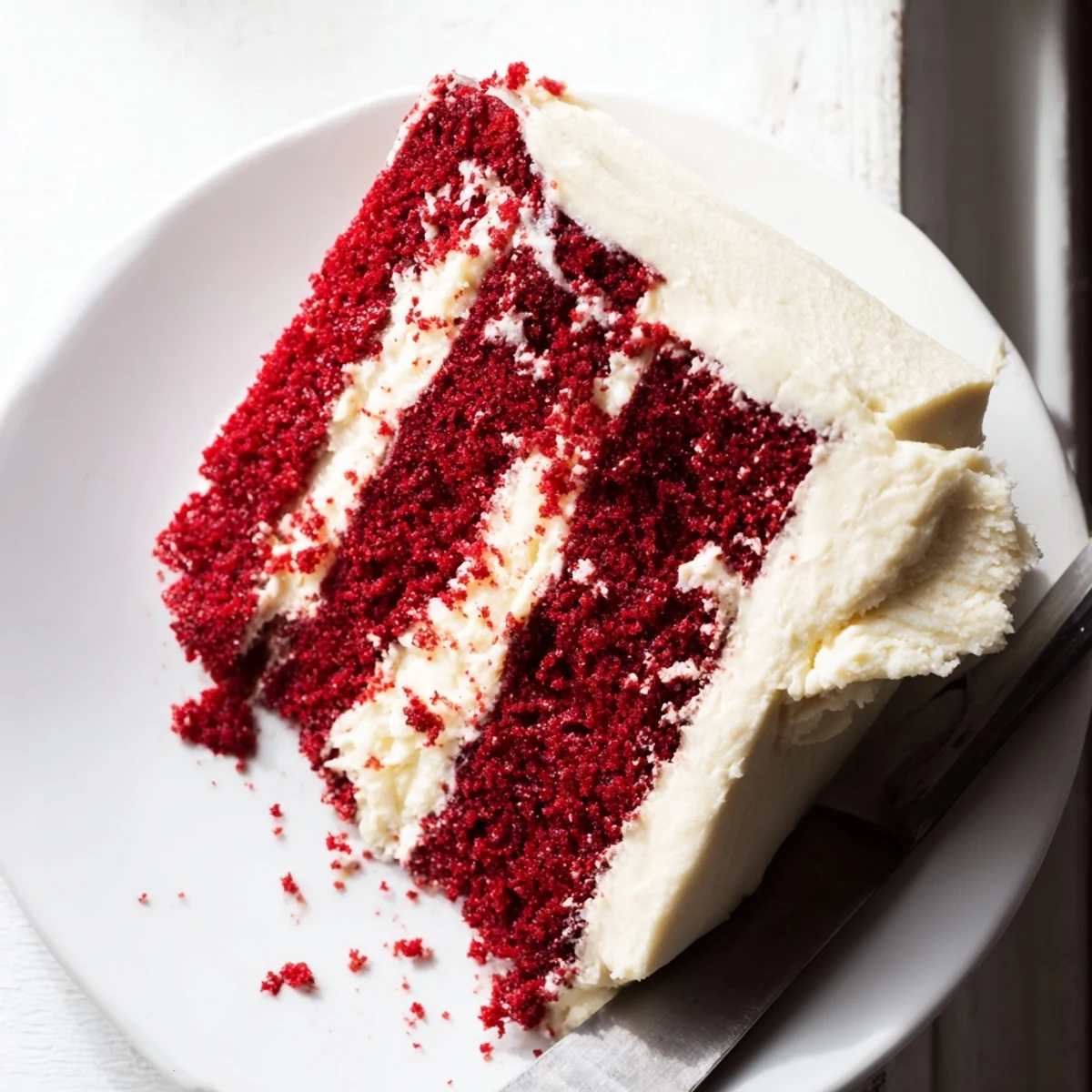 Freshly baked red velvet cake with cream cheese frosting, topped with a sprinkle of crumbs and ready to serve.