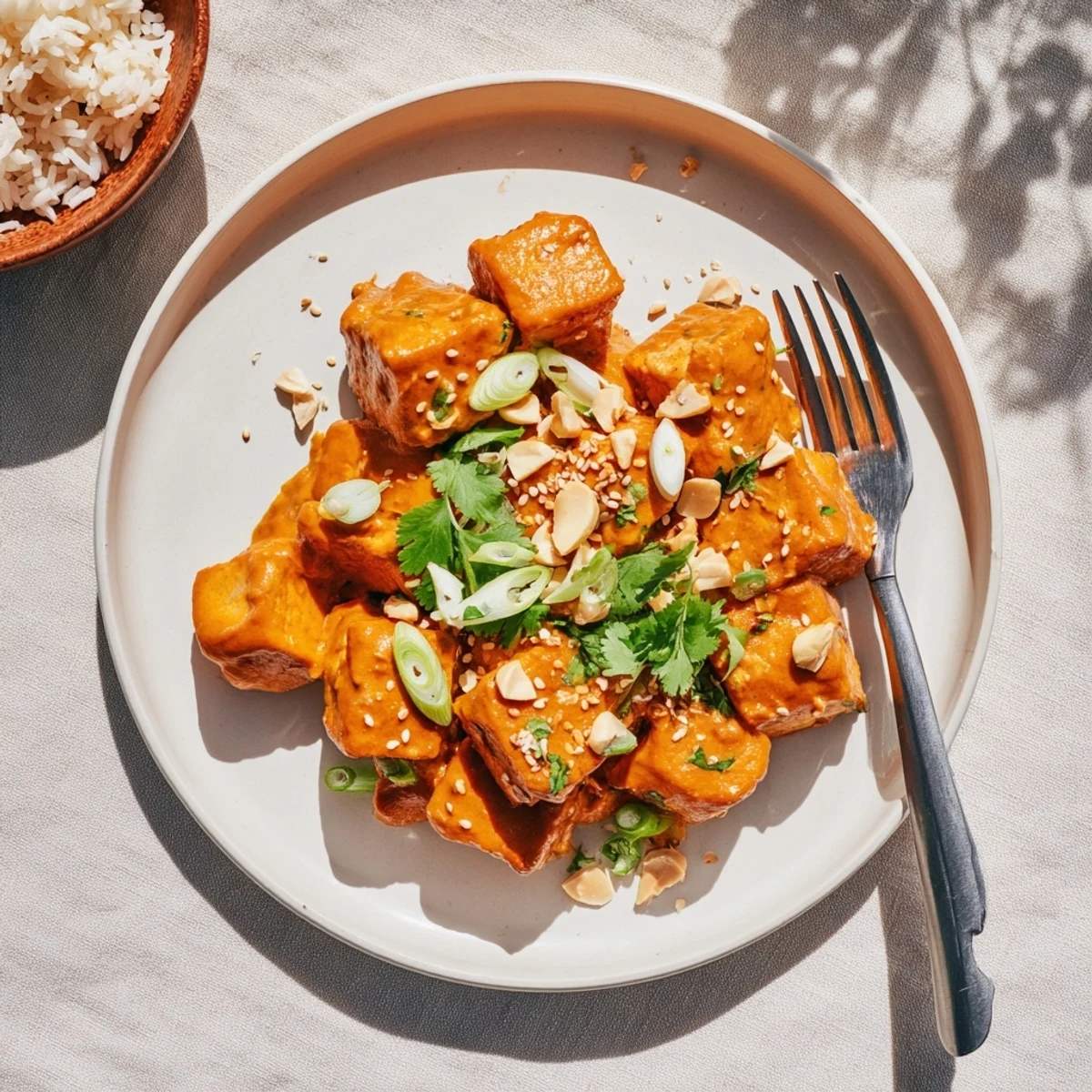 Warm Crispy Baked Tofu glazed with a creamy Spicy Peanut Sauce, topped with sesame seeds and green onions on noodles.