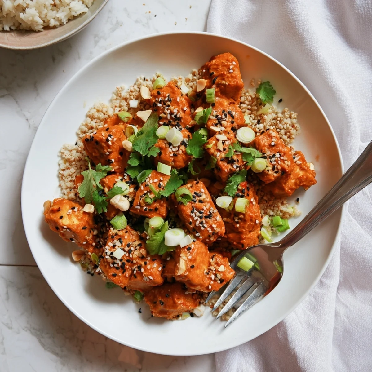 Healthy vegan Crispy Baked Tofu with Spicy Peanut Sauce, perfect for a quick dinner salad or wrapped in lettuce.