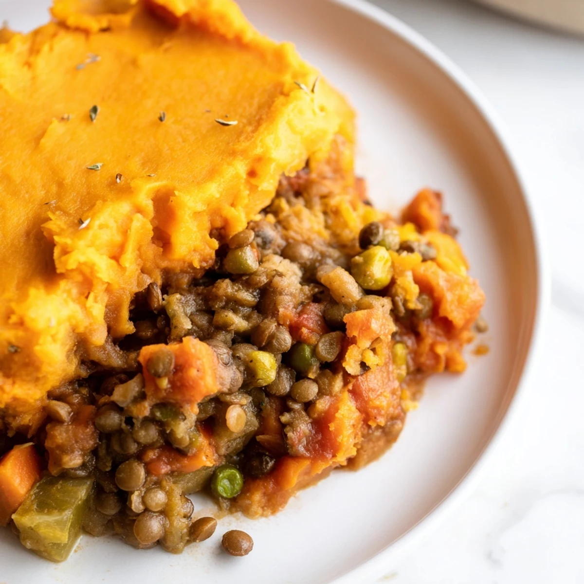 Vegan Lentil and Sweet Potato Shepherds Pie with golden, roasted edges served on a rustic wooden table. 