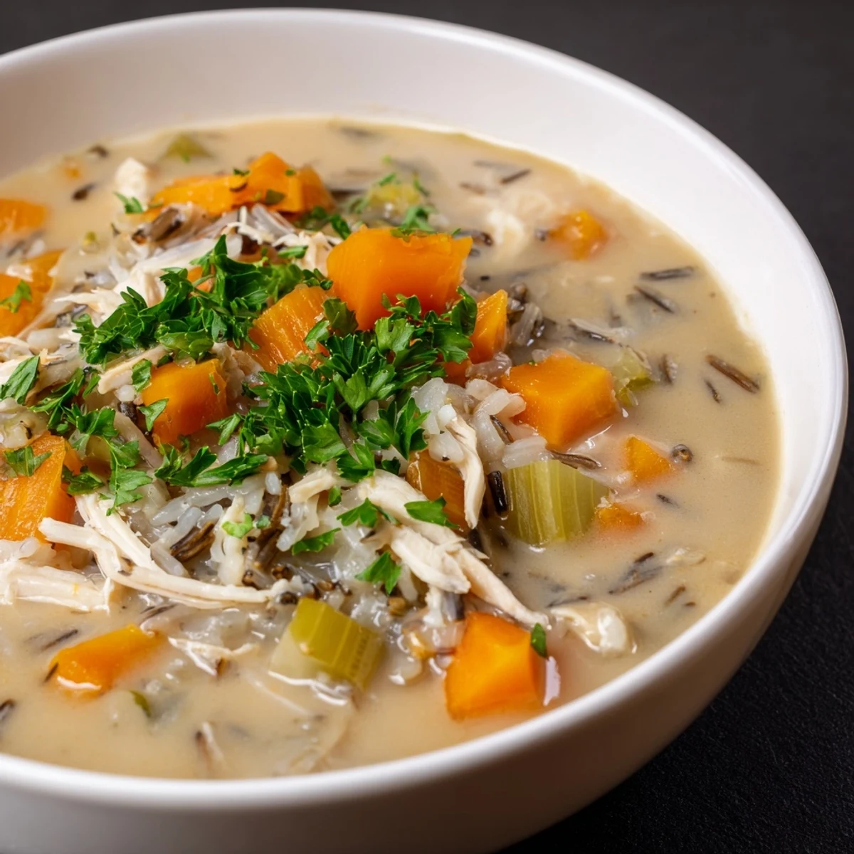 A ladle serves Instant Pot Chicken and Wild Rice Soup with tender chicken, wild rice, and carrots in a creamy broth.