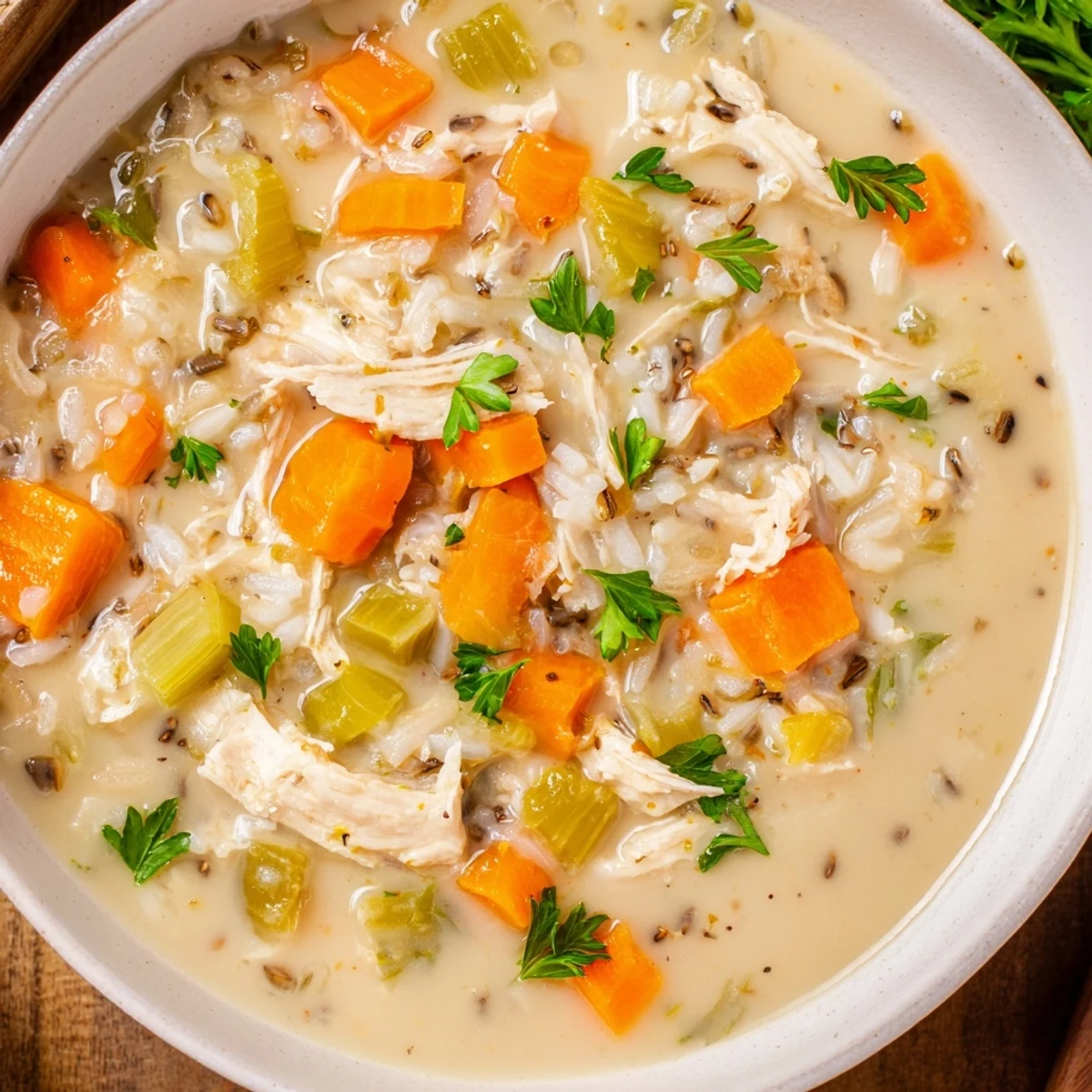 Close-up of Instant Pot Chicken and Wild Rice Soup revealing diced celery, shredded chicken, and rich broth.