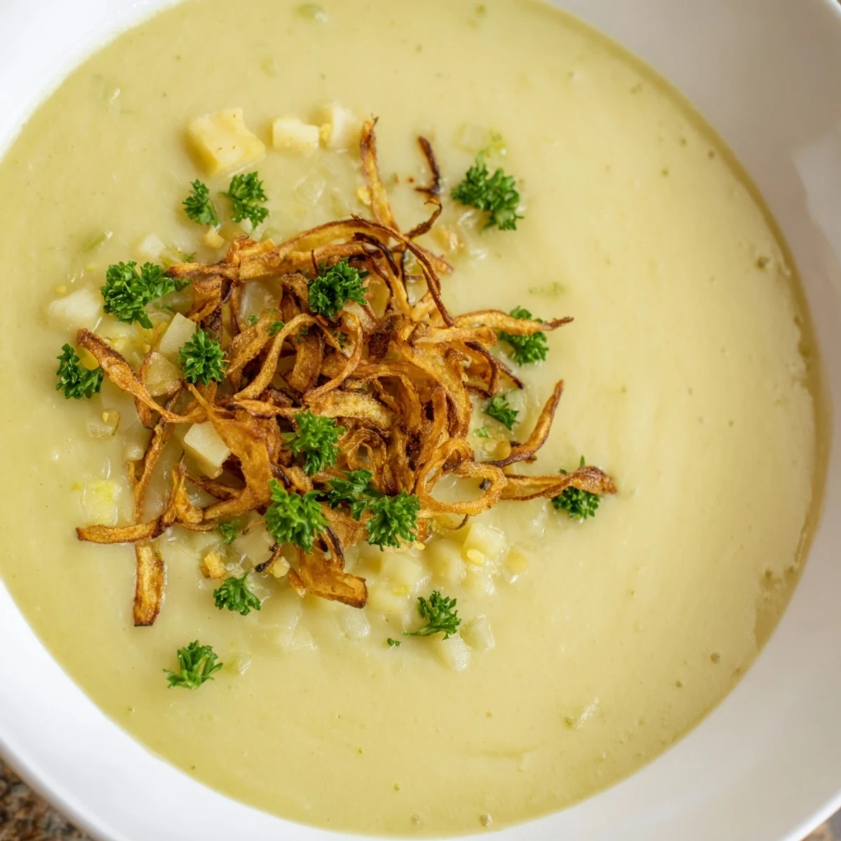 Steaming Irish Potato Leek Soup in a rustic bowl, garnished with savory crispy leeks.