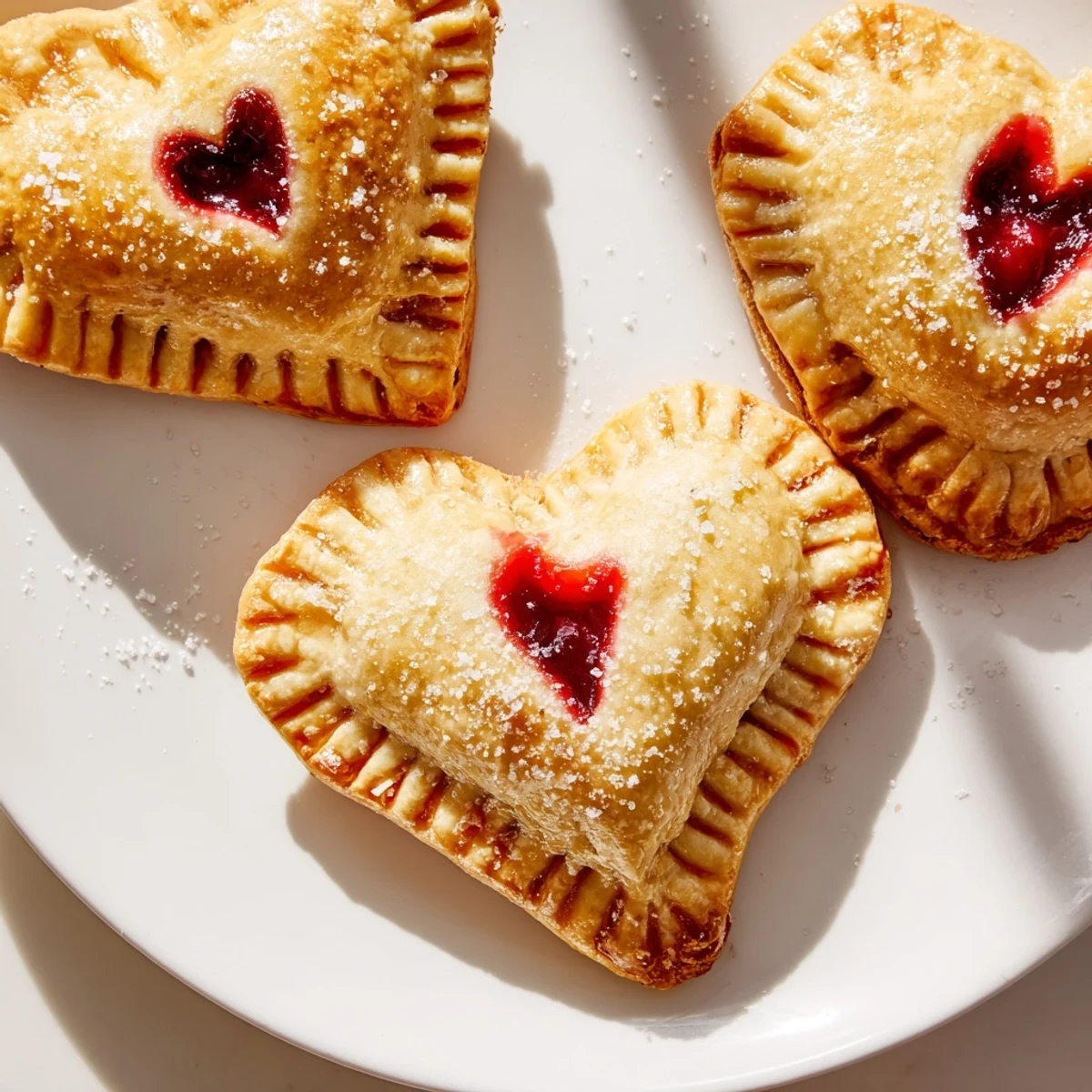 Golden-brown, heart-shaped raspberry jam hand pies with flaky, sugary crusts sit on a cooling rack, ready to serve.