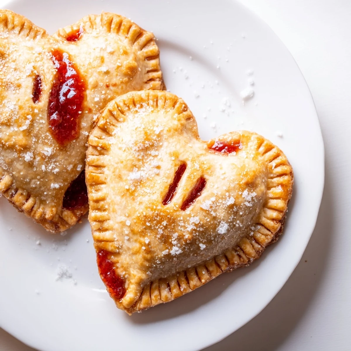 Flaky, heart-shaped hand pies filled with vibrant raspberry jam on a rustic wooden board.