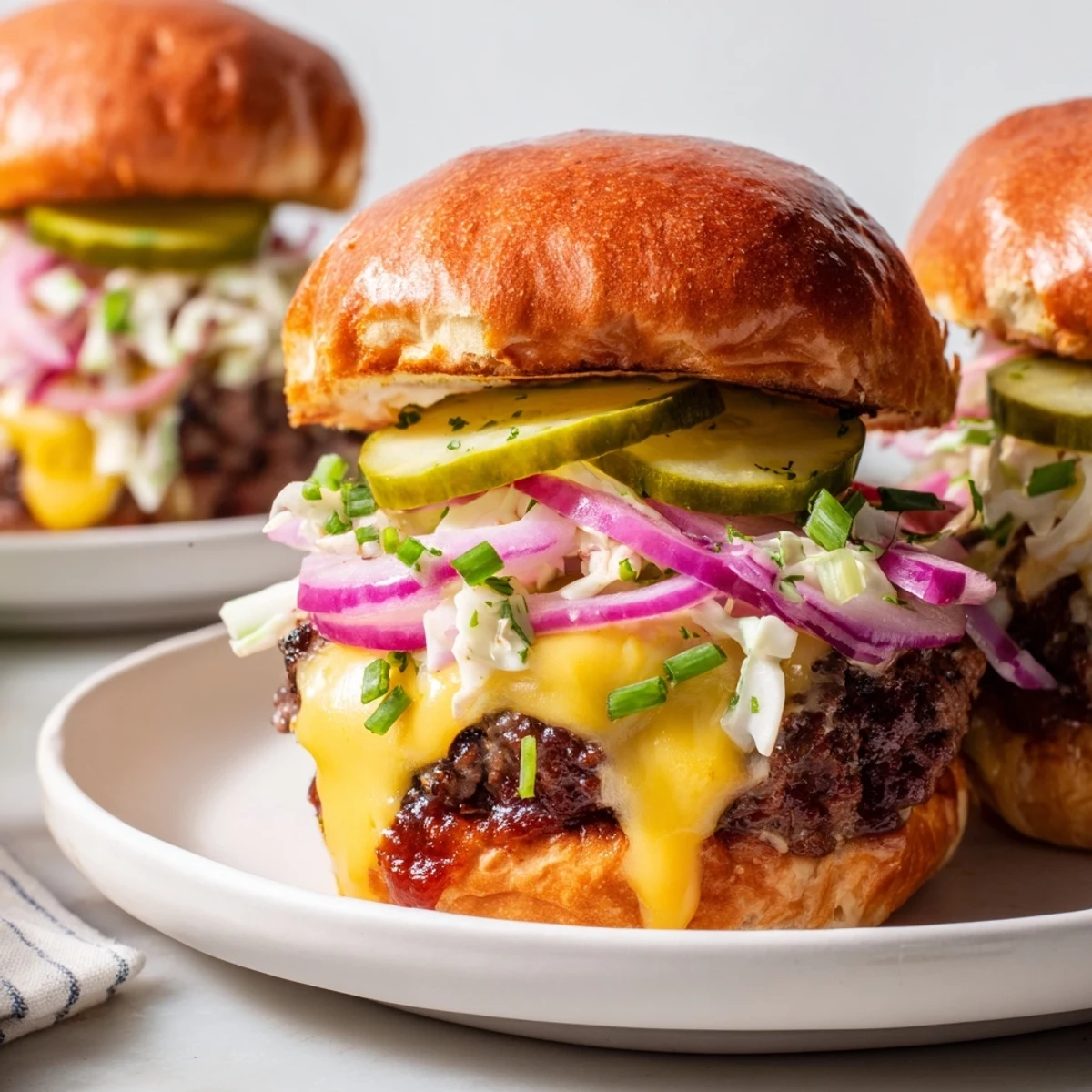 Smoky Big Game BBQ Beef Sliders on buttery brioche buns, topped with tangy coleslaw and cheddar.