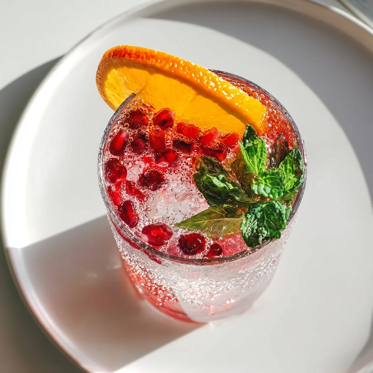 Bright red Love Potion Pomegranate Mocktail Fizz boasting pomegranate seeds and citrus garnishes, ready to drink.
