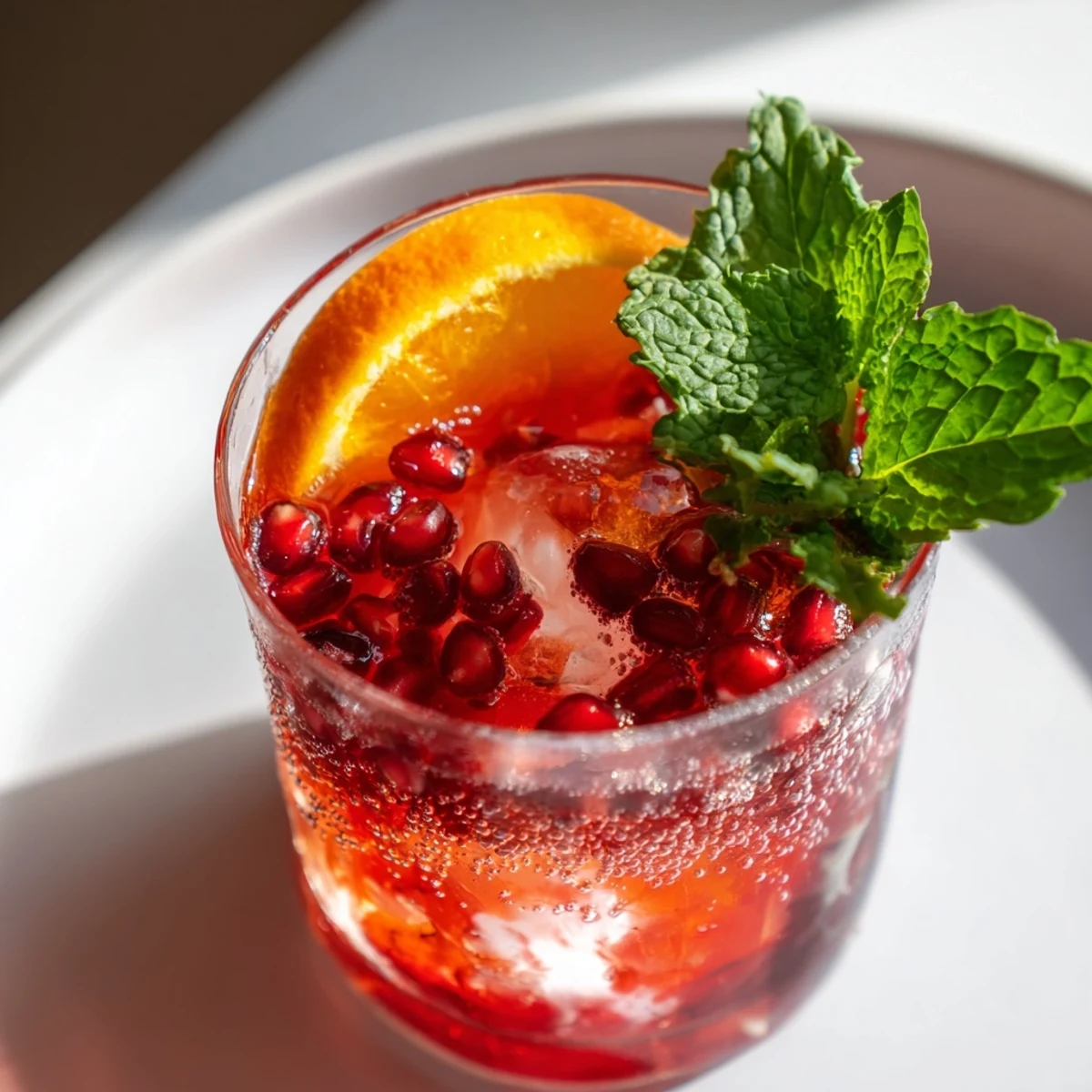 A refreshing Love Potion Pomegranate Mocktail Fizz, a vegan, fizzy beverage poured over ice cubes.