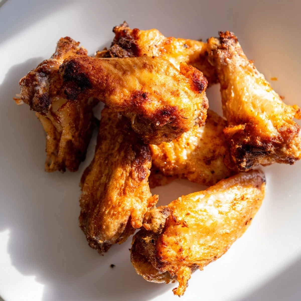 Golden-brown Tailgate Crispy Air Fryer Chicken Wings served with blue cheese dip and fresh celery sticks on a platter.  