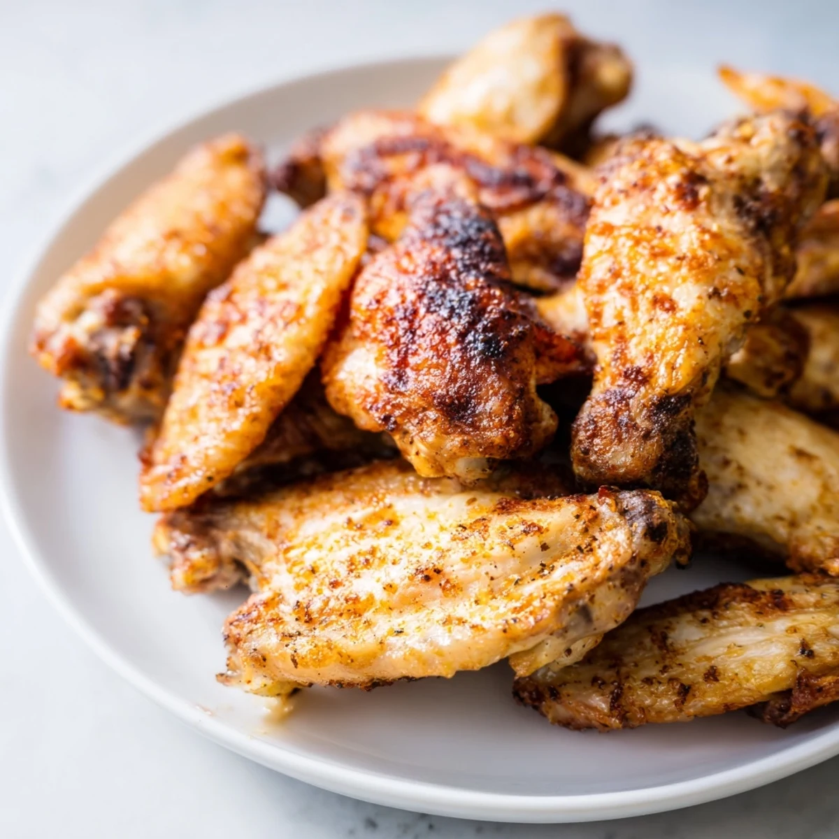 A close-up of Tailgate Crispy Air Fryer Chicken Wings showing their crunchy, seasoned coating and juicy interior.  