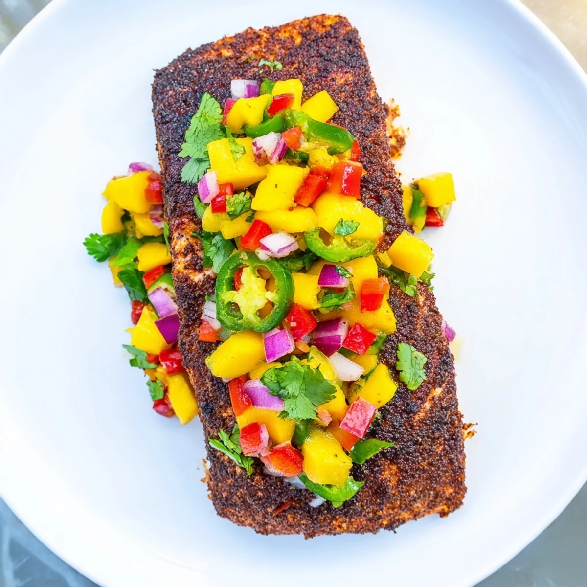 Golden-brown Cajun Blackened Salmon fillets sizzling in a hot skillet, topped with a vibrant mix of diced mango, red onion, and fresh cilantro.