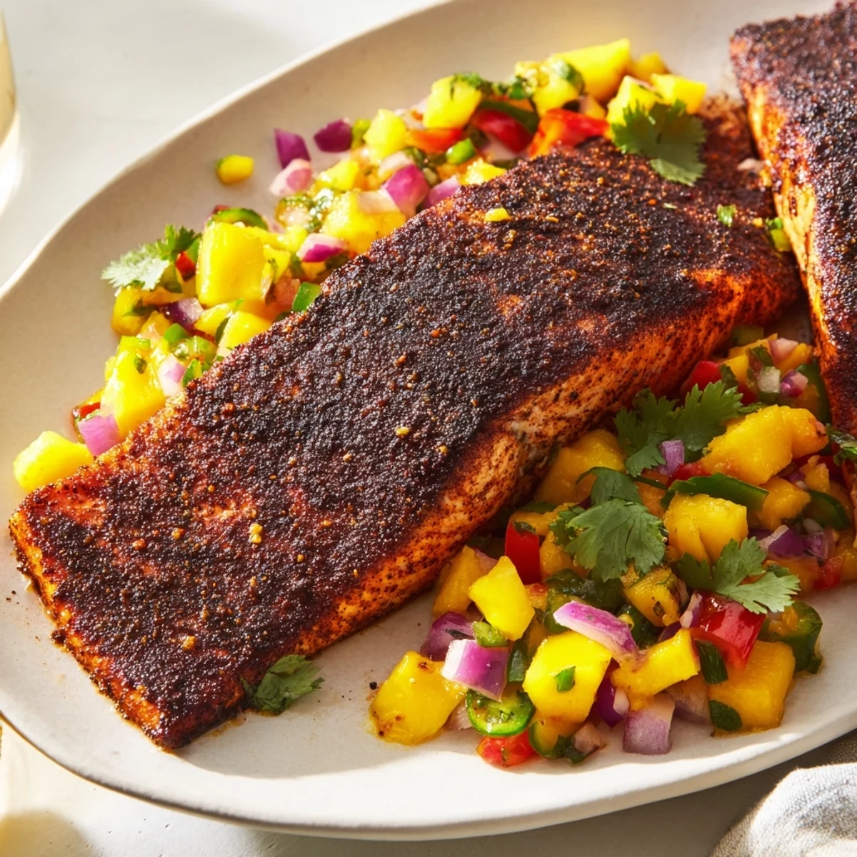 Freshly cooked Cajun Blackened Salmon served with a bright mango salsa on a white plate, garnished with lime wedges and cilantro leaves.