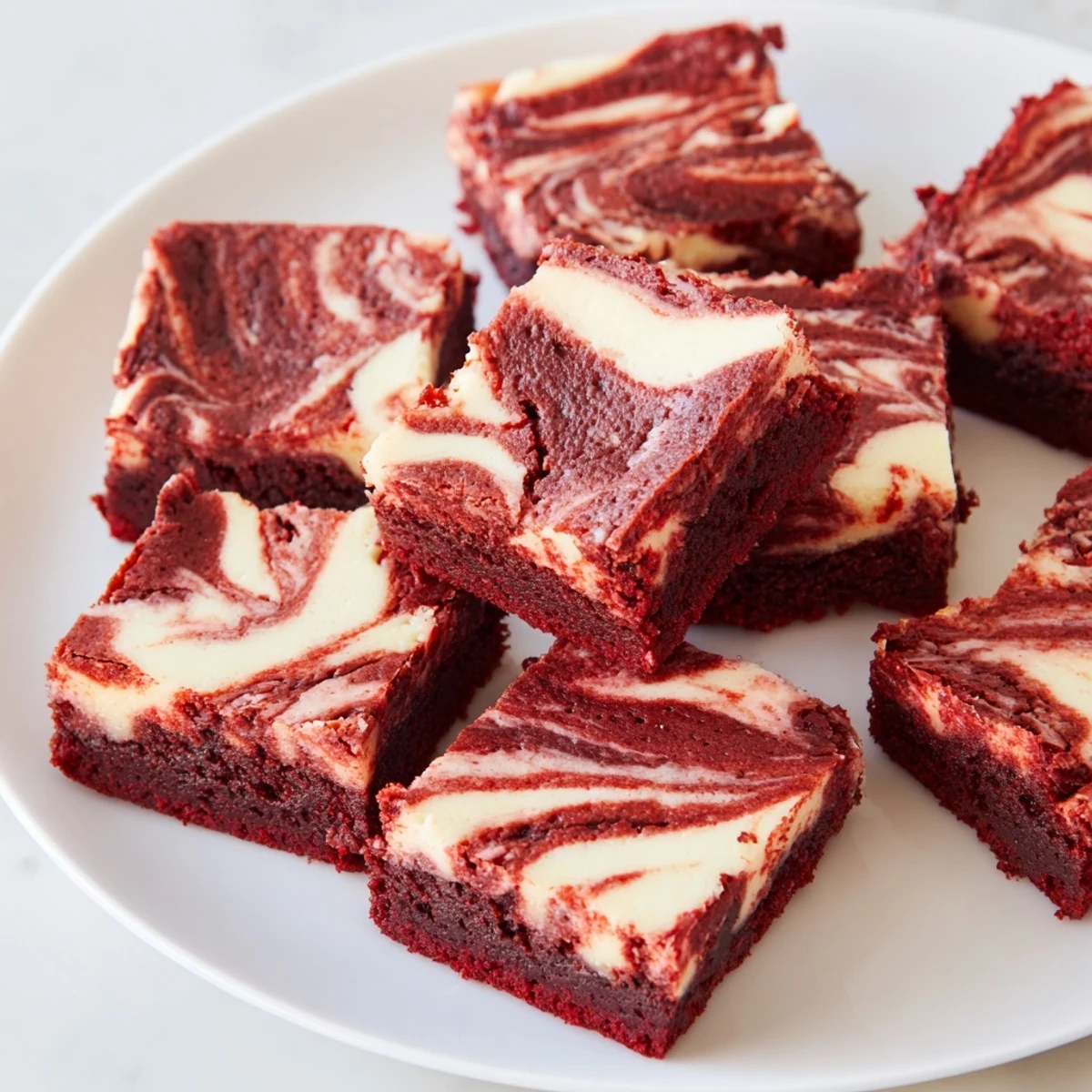 A close-up view of Red Velvet Cheesecake Brownie Bites, with deep red crumb and a marbled creamy swirl on top, perfect for parties.