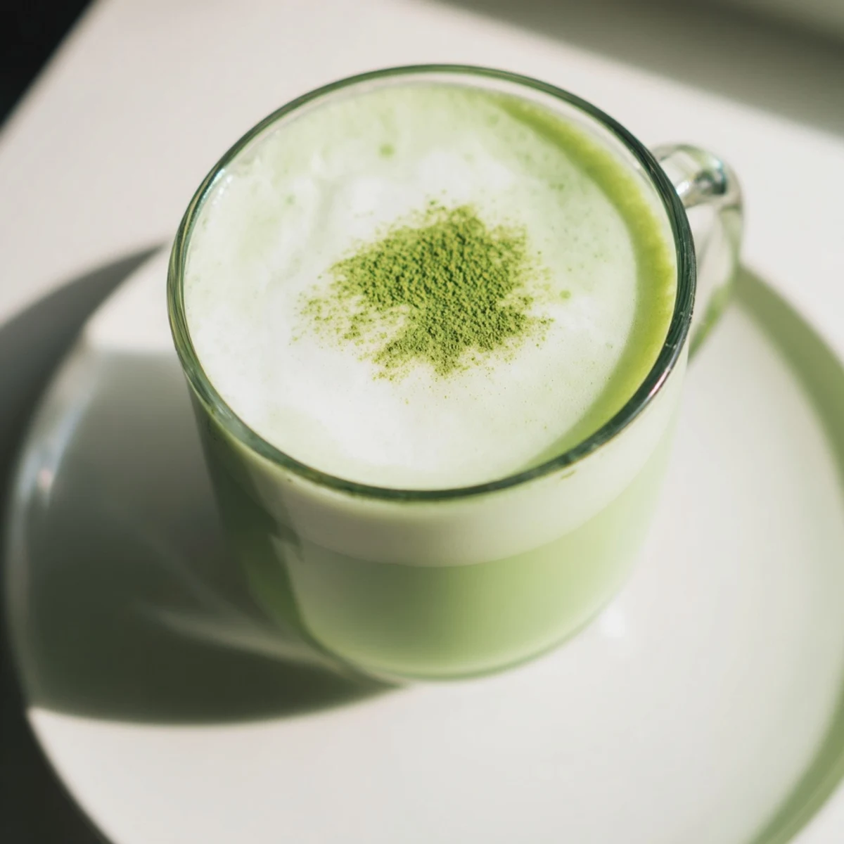The latte features a light dusting of matcha powder beside a honey drizzle.