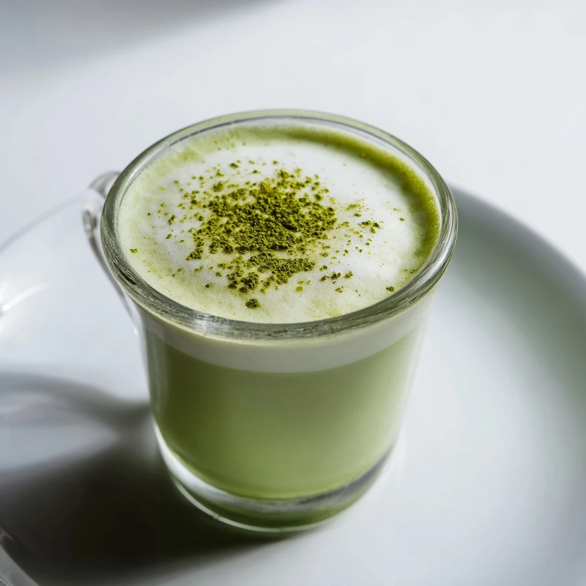 Ready to serve Shamrock Green Matcha Latte with Honey, topped with edible gold flakes.