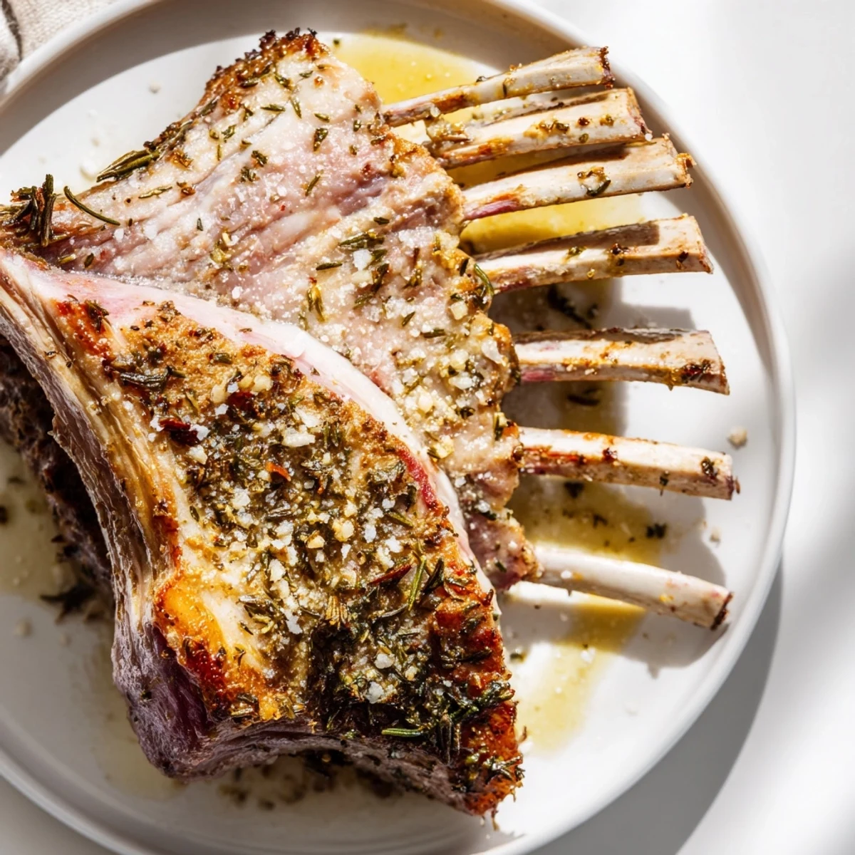 The golden, herb-crusted rack of lamb is plated for a special occasion dinner.