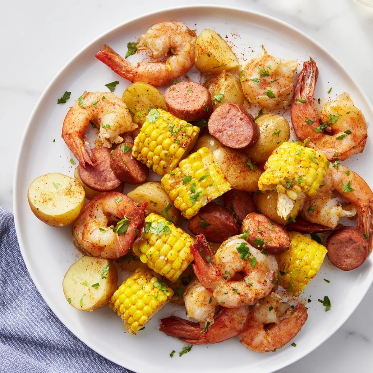 Golden-brown Sheet Pan Shrimp Boil with corn, potatoes, and spicy sausage garnished with fresh parsley and lemon wedges.