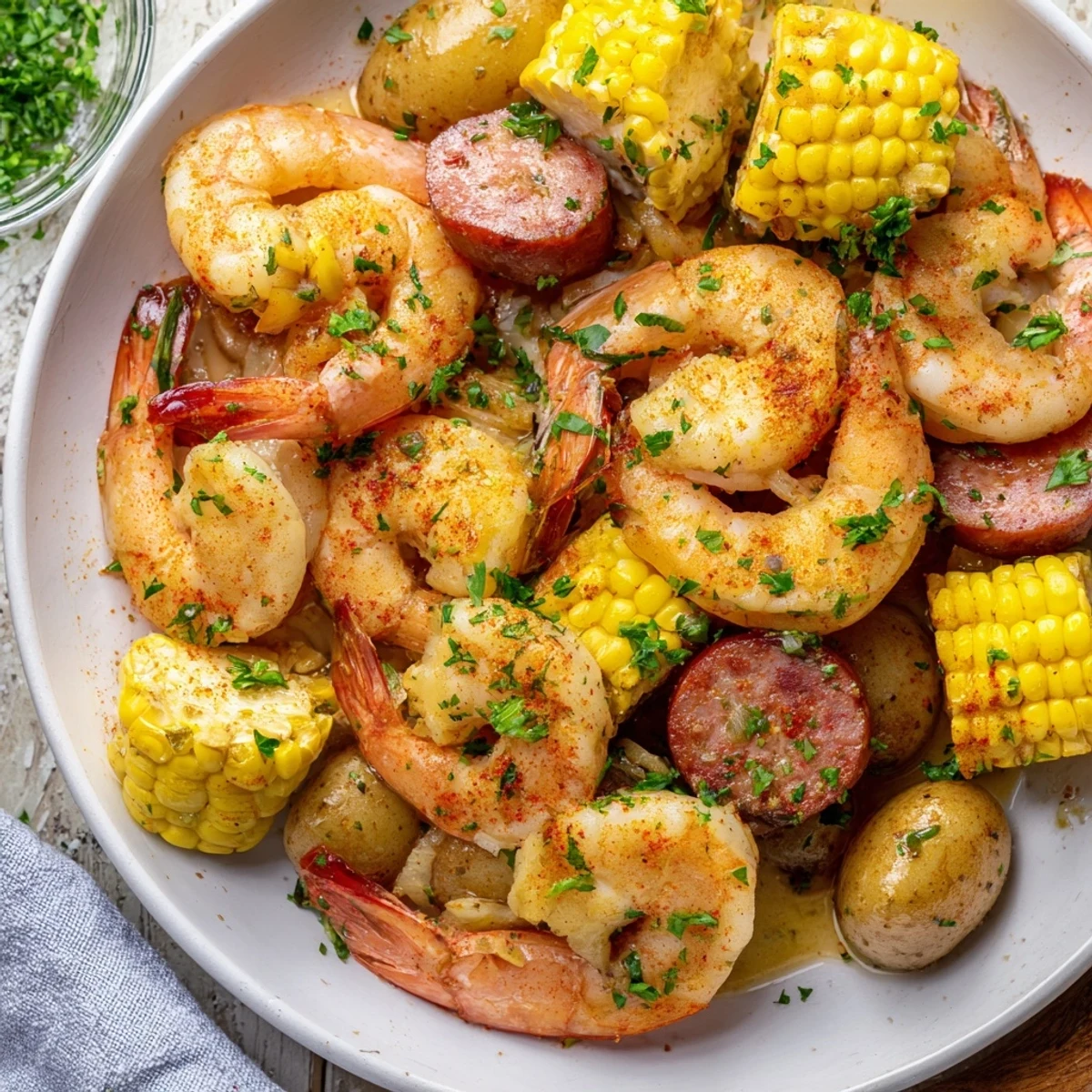 Juicy roasted shrimp, tender potatoes, and charred corn on a baking sheet served with lemon wedges for squeezing.