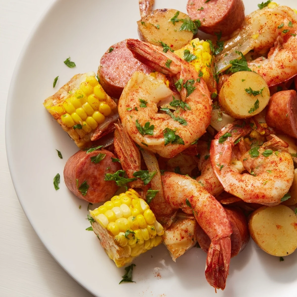 A rustic one-pan Sheet Pan Shrimp Boil featuring paprika-seasoned vegetables and succulent shrimp ready for a family-style feast.