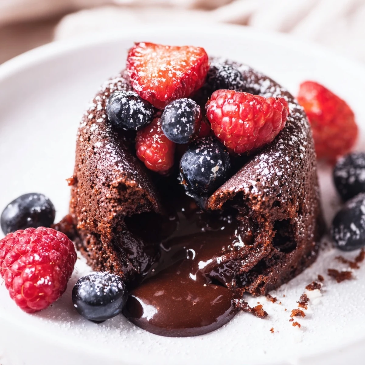 Warm Valentine Chocolate Lava Cakes are topped with sweet berries and a scoop of vanilla ice cream.