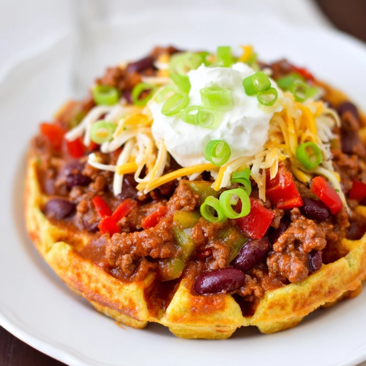 Golden cornbread waffles topped with spicy beef chili and all the classic garnishes like sour cream and green onions.