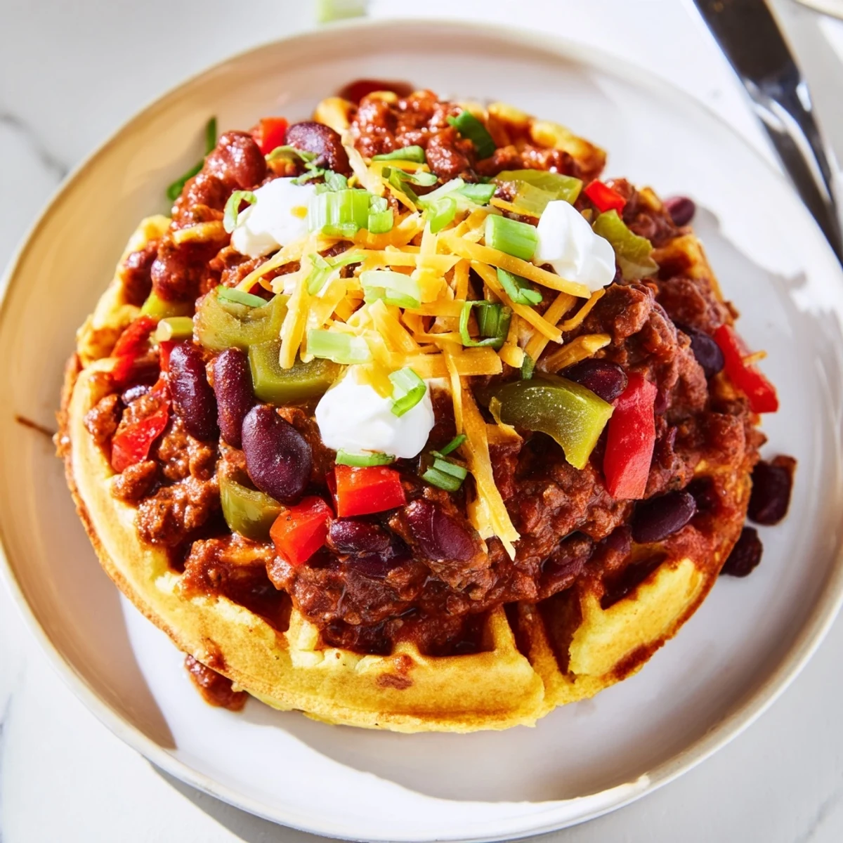 Hearty beef chili with cornbread waffles served hot, topped with shredded cheddar cheese and fresh cilantro.