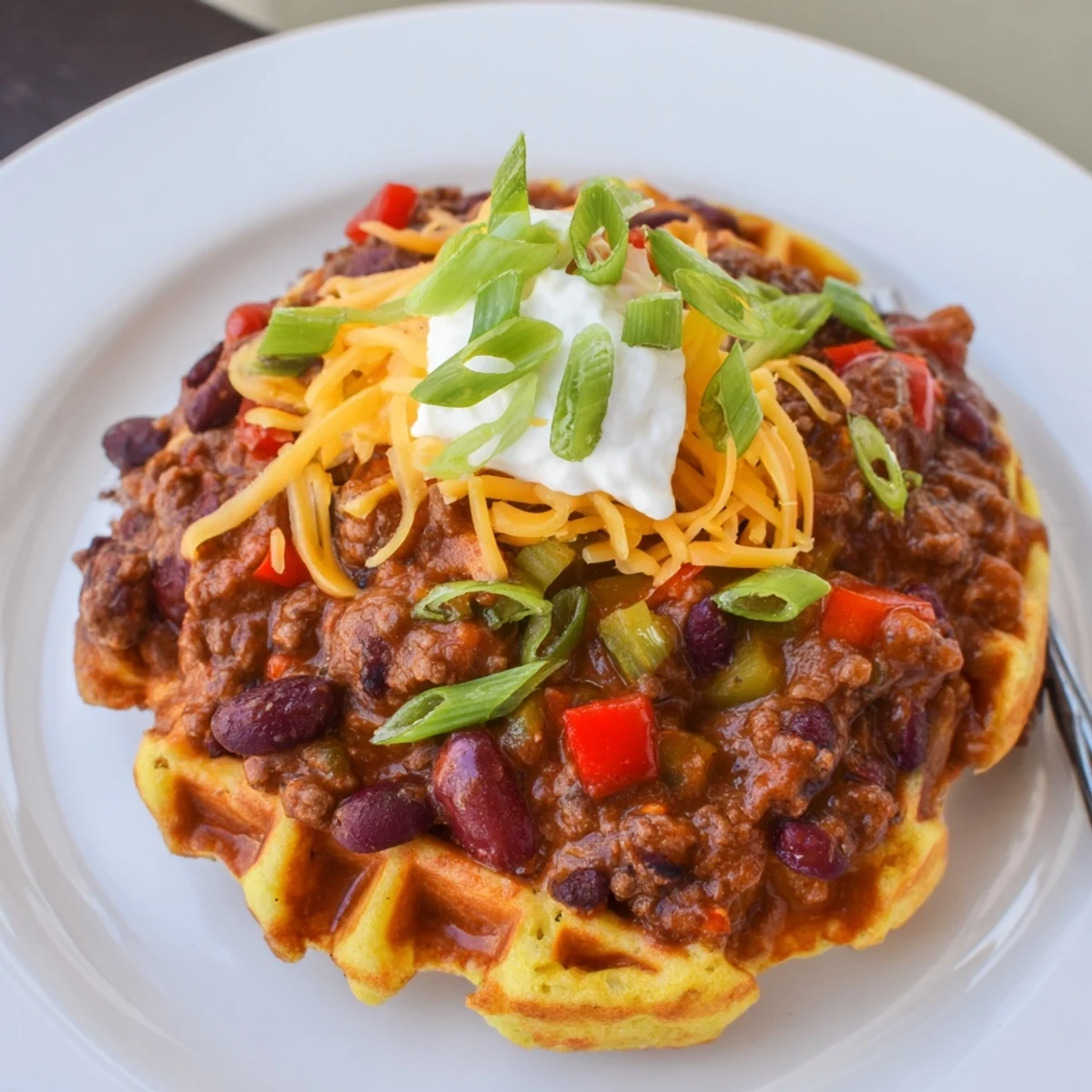 A close-up of beef chili with cornbread waffles, showcasing the tender beef, beans, and golden, crisp waffle texture.