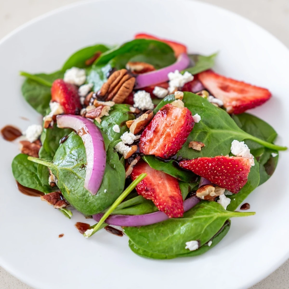 Fresh baby spinach and sliced strawberries topped with crumbled feta and crunchy pecans, tossed in a homemade balsamic vinaigrette.