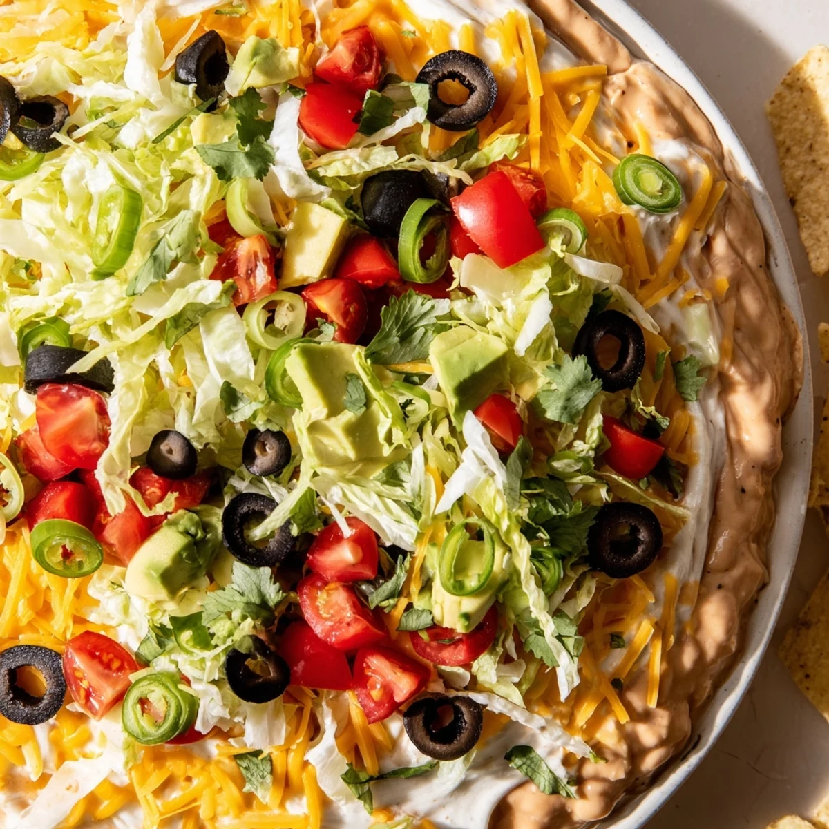 Freshly prepared Ultimate Layered Taco Dip with colorful toppings and crunchy tortilla chips on the side.