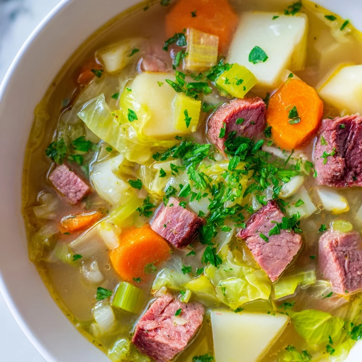 A warm bowl of Corned Beef and Cabbage Soup with Potatoes, garnished with fresh parsley and ready to serve.