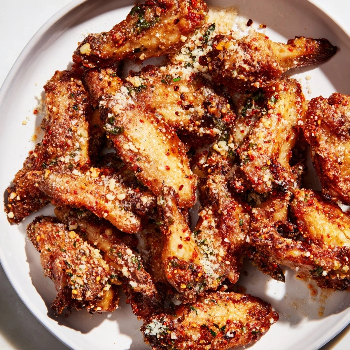 Platter of Crispy Baked Chicken Wings with Garlic Parmesan tossed in fresh parsley, ready for a game day snack.