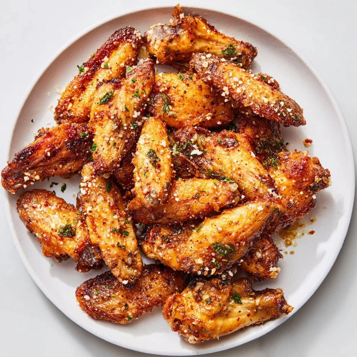 Close-up of Crispy Baked Chicken Wings with Garlic Parmesan highlighting the crunchy texture and melted parmesan coating.