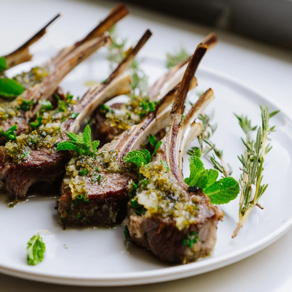 Golden-brown Garlic Herb Roasted Rack of Lamb with Mint Jelly rests on a white platter beside fresh mint sprigs.