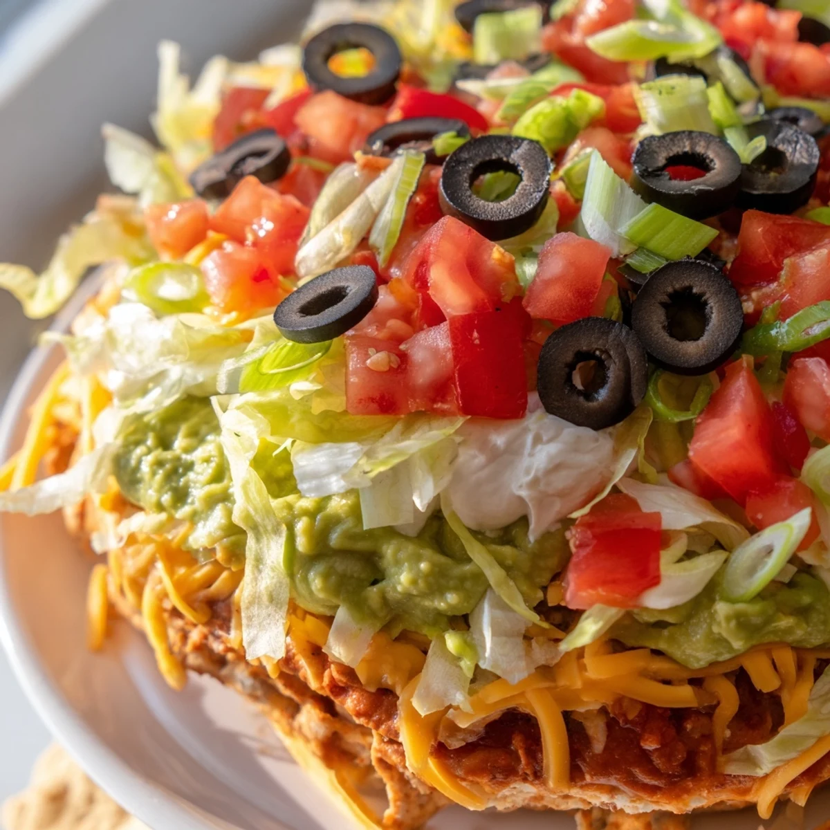 Chilled Ultimate Seven Layer Taco Dip with fresh toppings, served for game day snacking.