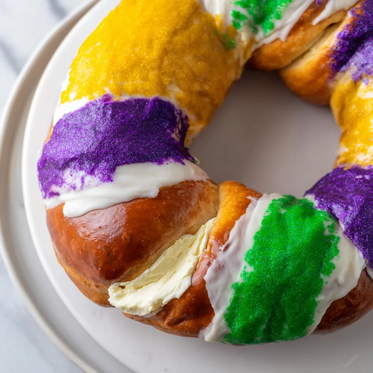 Golden-brown Mardi Gras King Cake with cream cheese filling, dusted with purple, green, and gold sugars.