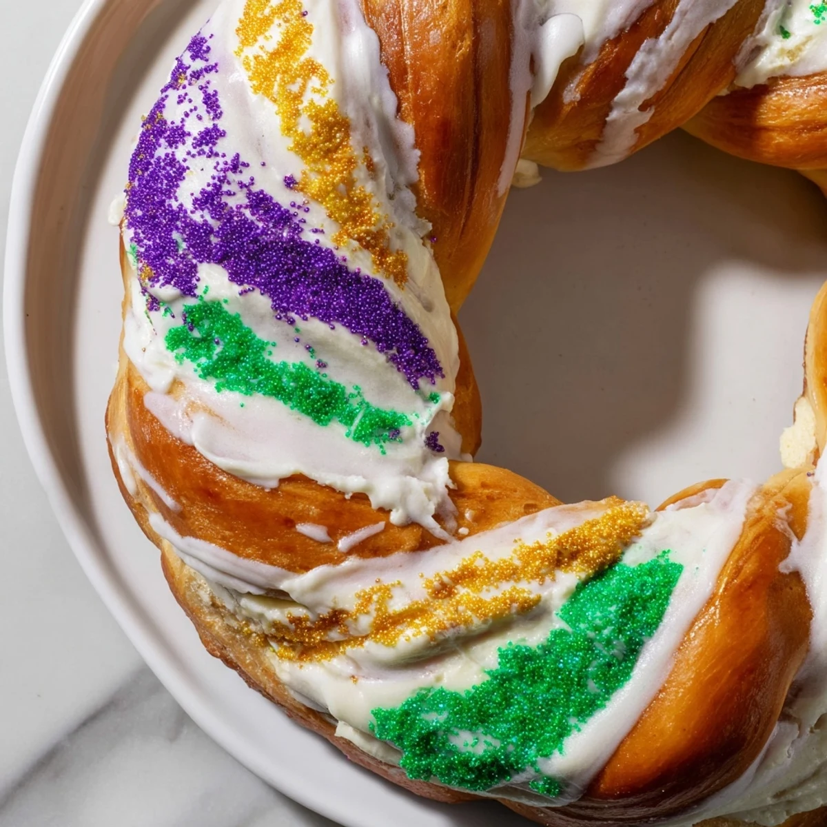 Freshly baked Mardi Gras King Cake drizzled with icing and colorful sugar on a festive table.