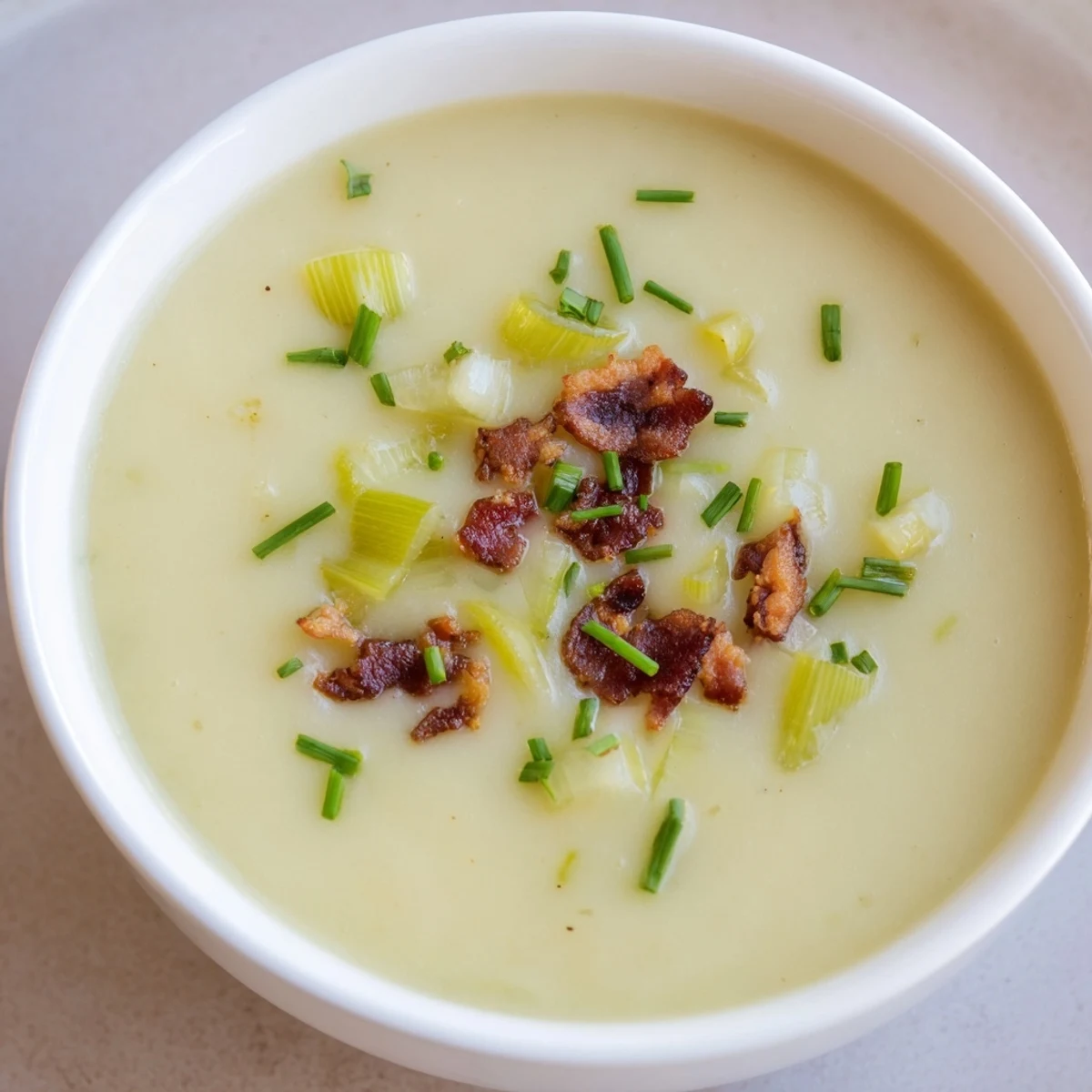 Creamy Potato and Leek Soup with Turkey Bacon garnished with fresh chives and crisp bacon bits in a rustic bowl.