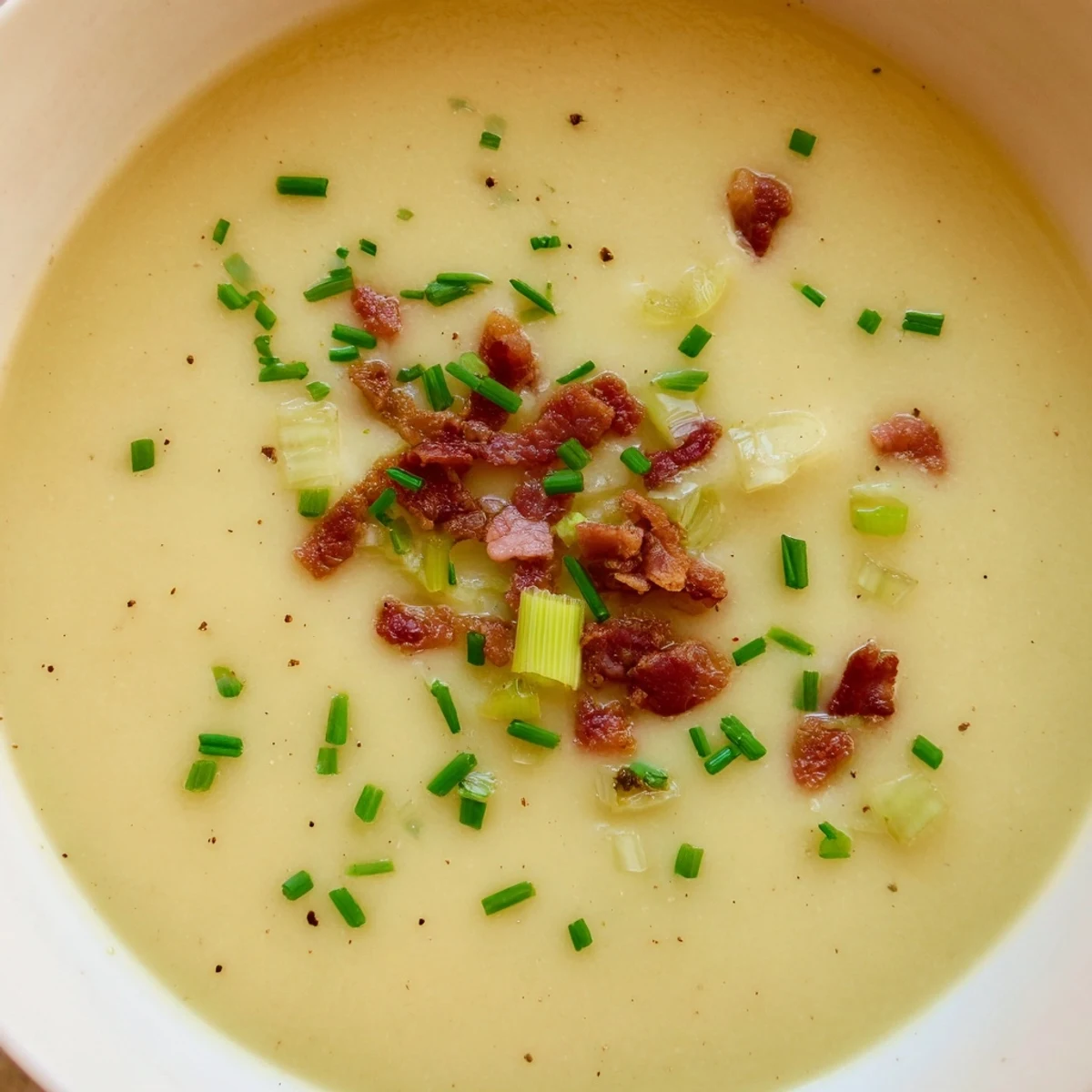 Velvety Creamy Potato and Leek Soup with Turkey Bacon steaming in a white bowl, perfect for cozy chilly days.
