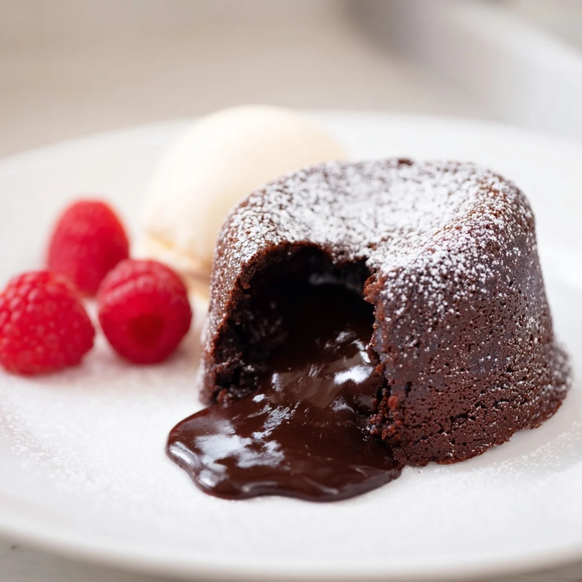 A spoon cuts into a warm Valentine Molten Chocolate Lava Cake, revealing a rich, gooey chocolate center flowing onto the plate.