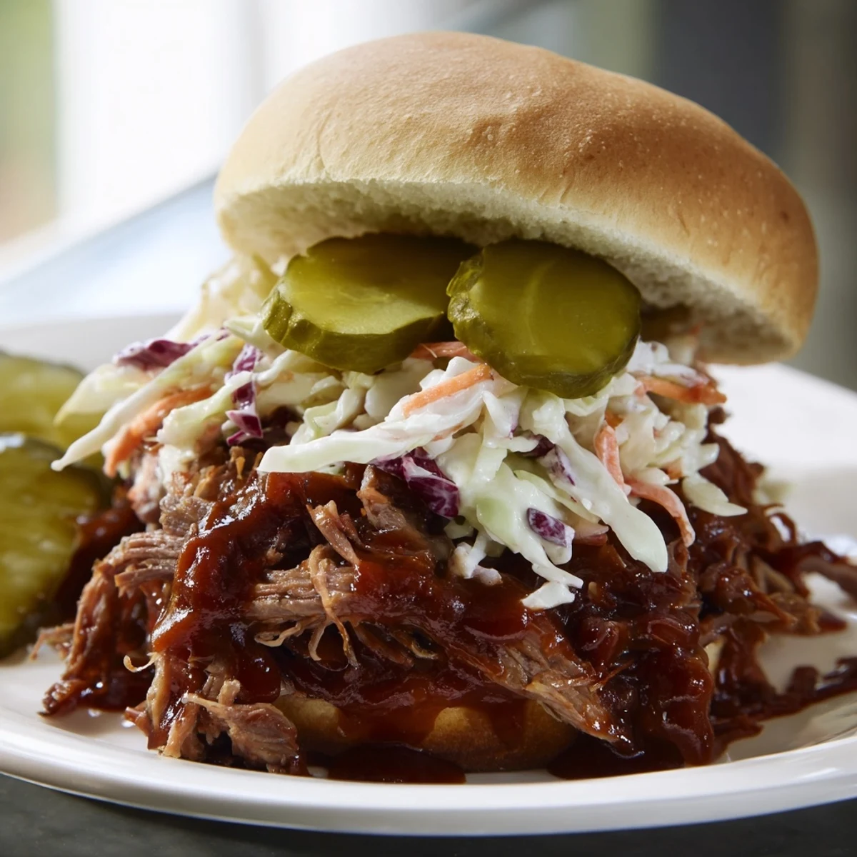Freshly shredded cabbage and carrot coleslaw adds crunch and creaminess to juicy Beef Brisket Sliders, served on warm buns with dill pickle slices.