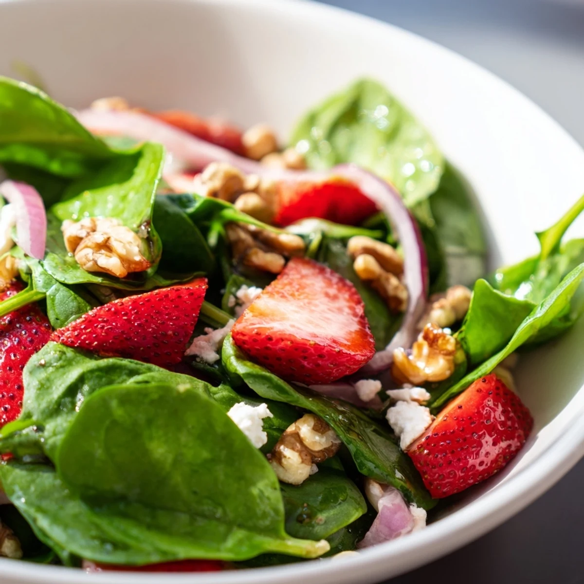 Feta cheese crumbles atop a vibrant Strawberry Walnut Spinach Salad with Balsamic.