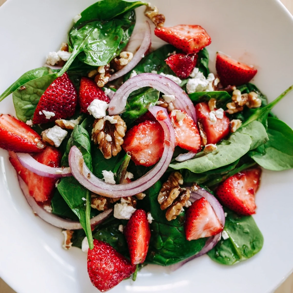 Strawberry Walnut Spinach Salad with Balsamic served as a light, refreshing lunch.