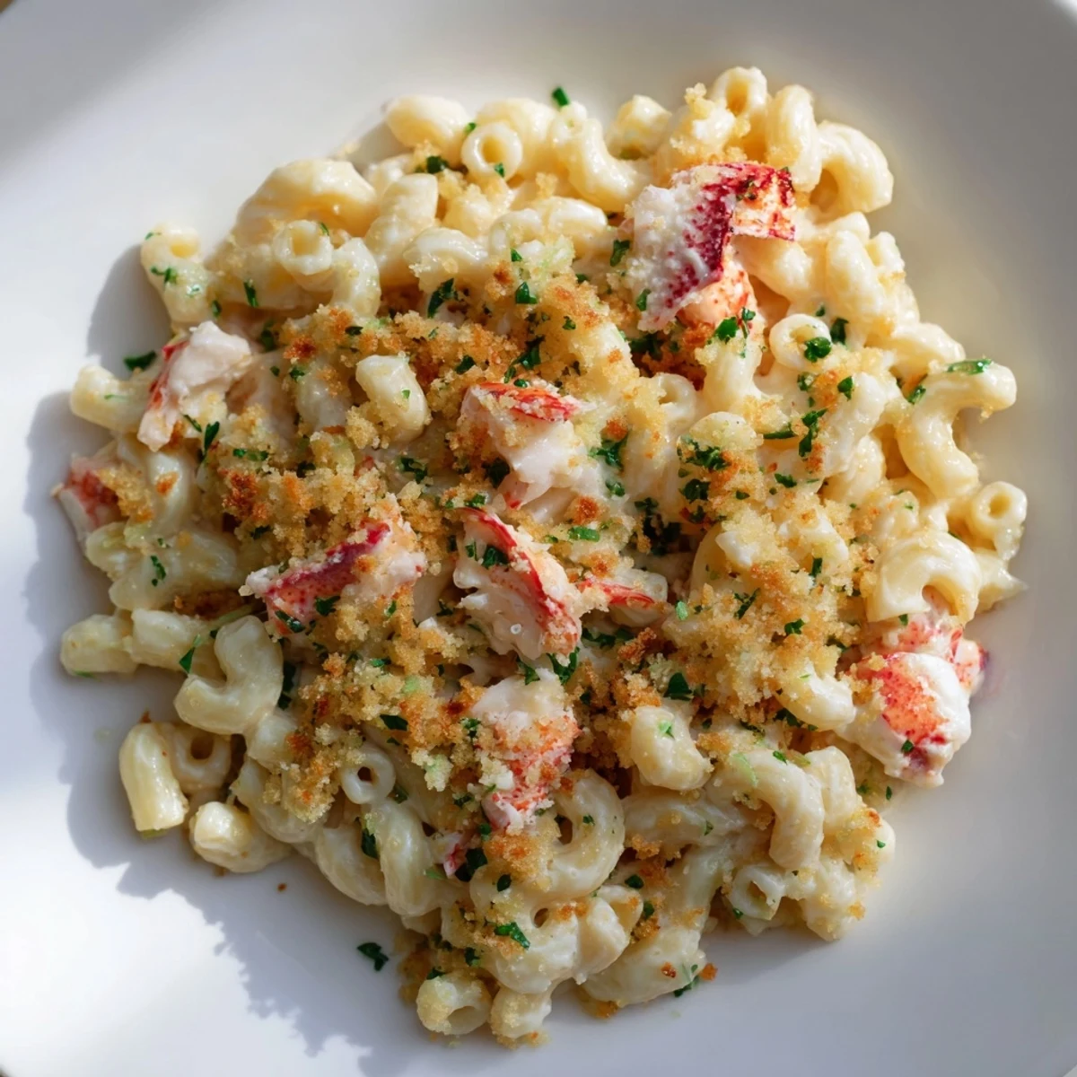 Golden Lobster Macaroni and Cheese with Herbed Breadcrumbs bubbles in a baking dish, topped with crisp, buttery crumbs and fresh parsley.
