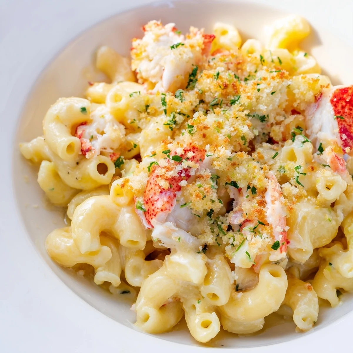 Bubbling Lobster Macaroni and Cheese with Herbed Breadcrumbs emerges from the oven with a golden, crunchy topping and creamy interior.