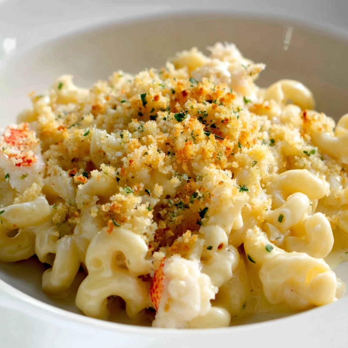 Creamy lobster macaroni and cheese with herbed breadcrumbs, baked in a golden dish with melted cheese sauce.  