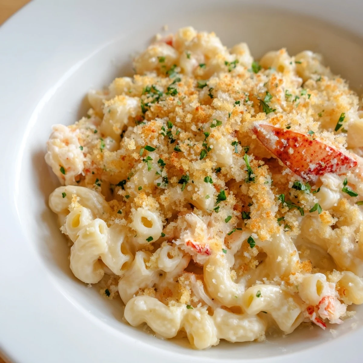 A close-up of lobster macaroni and cheese topped with crunchy, aromatic herbed breadcrumbs and fresh parsley.  