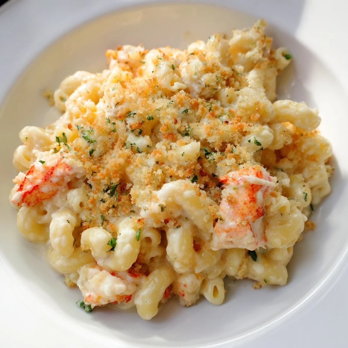 Lobster macaroni and cheese with herbed breadcrumbs served in a rustic baking dish, perfect for a cozy dinner.