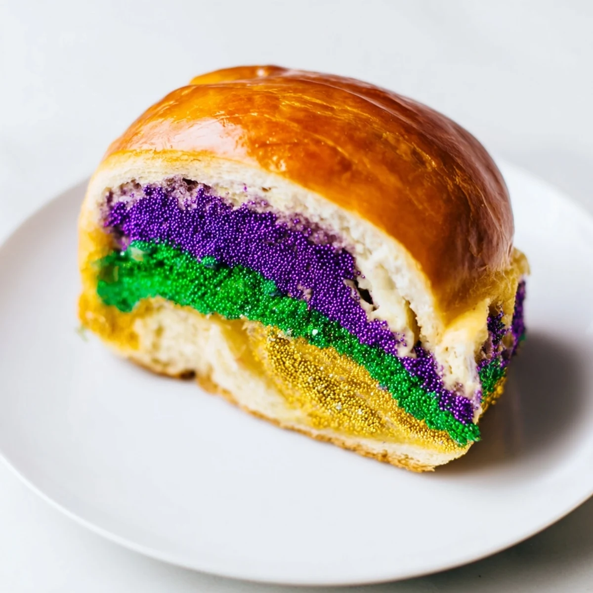 Golden-brown Mardi Gras King Cake with cream cheese filling and vibrant purple, green, and gold sugars.