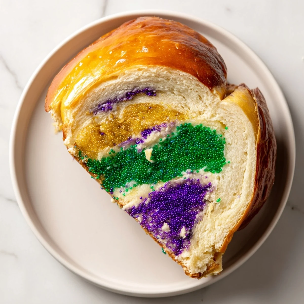 Colorful Mardi Gras King Cake sliced to reveal rich cream cheese filling, ready for celebration.