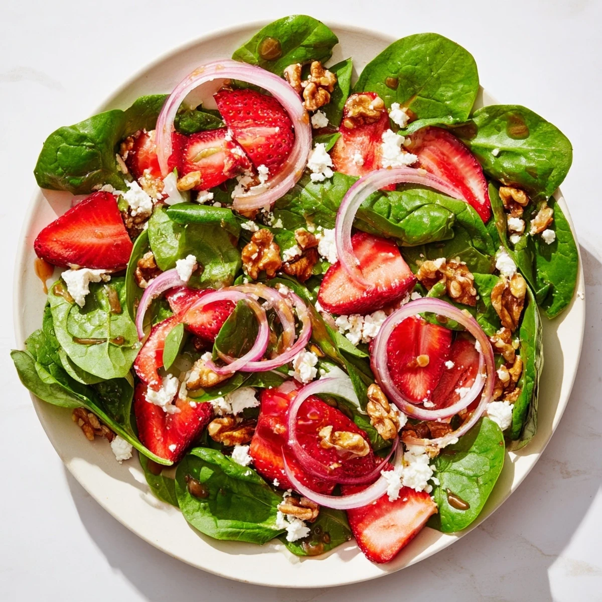Fresh baby spinach, sliced strawberries, and toasted walnuts tossed in a tangy balsamic vinaigrette.  